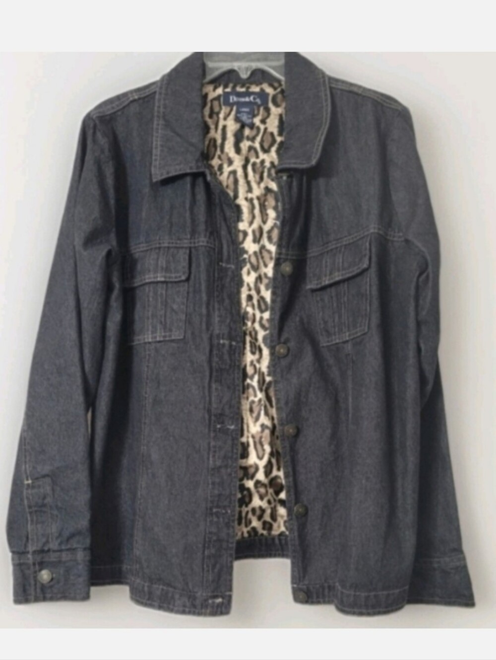 Like New Denim & Co. Black Denim Jean Utlity Jacket Leopard Lining Size Large